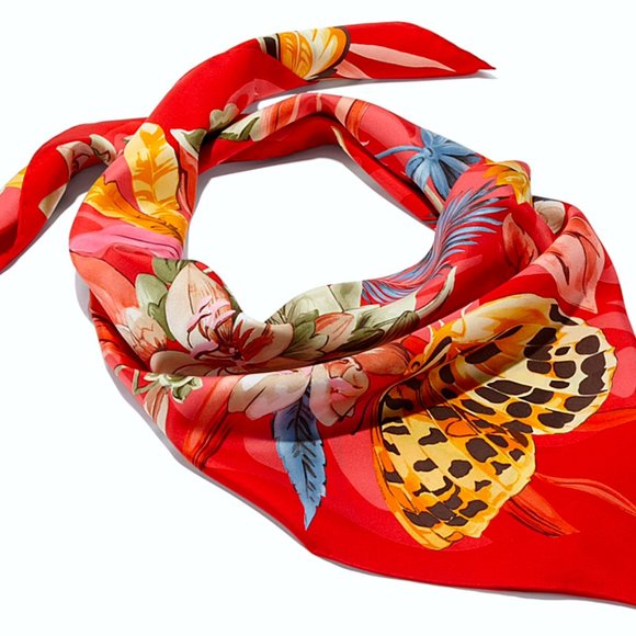 New Salvatore Ferragamo Scarf Butterfly Flowers Red Multicolor Silk Wrap - Picture 1 of 10